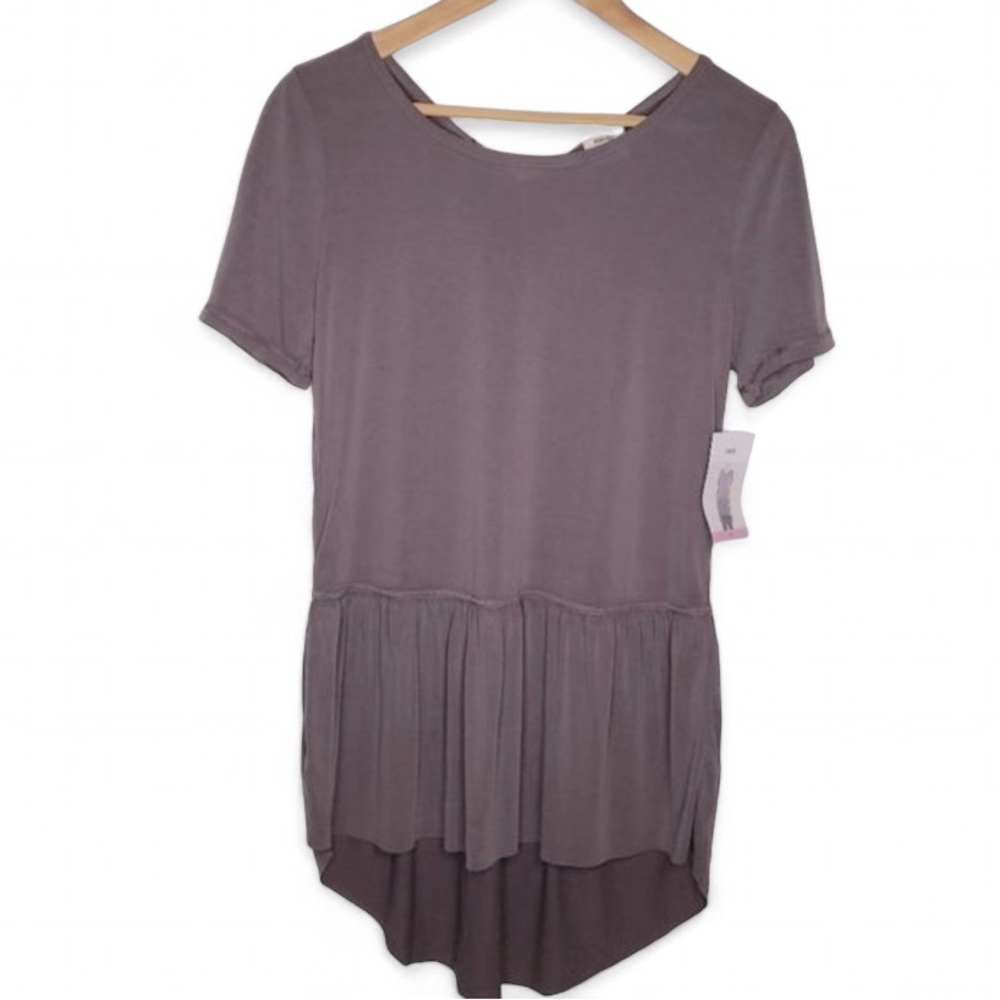 NWT‎ Mote Women’s Dusty Plum Wide Ruffle Hi Low Hem Back Tie Tunic Top S